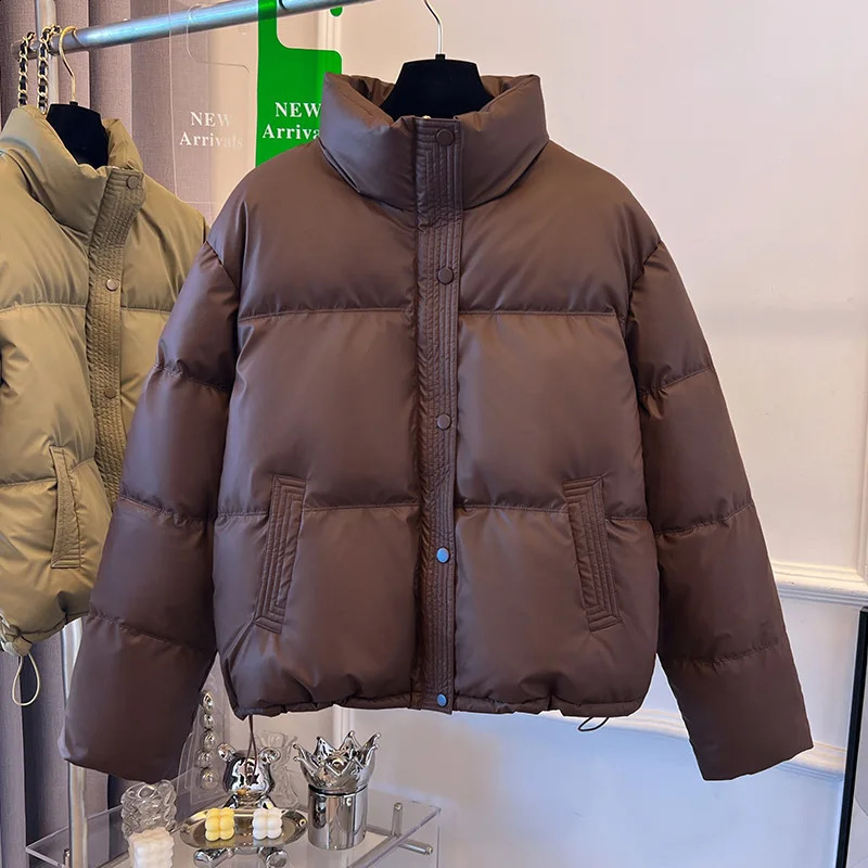 PinkyIsBlack Winter Women Puffer Jacket Warm Short Stand Collar Parkas Female Casual Loose Coat Zipper Long Sleeve Overcoat 251021