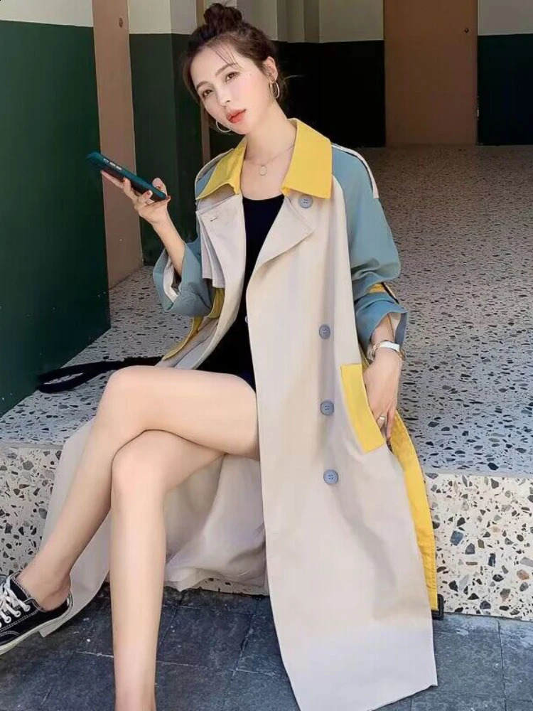 MidLength windbreaker Coat Women Turndown Collar Belt Jacket Autumn Loose Fashion Color Contrast Top Simple Outerwear 251013