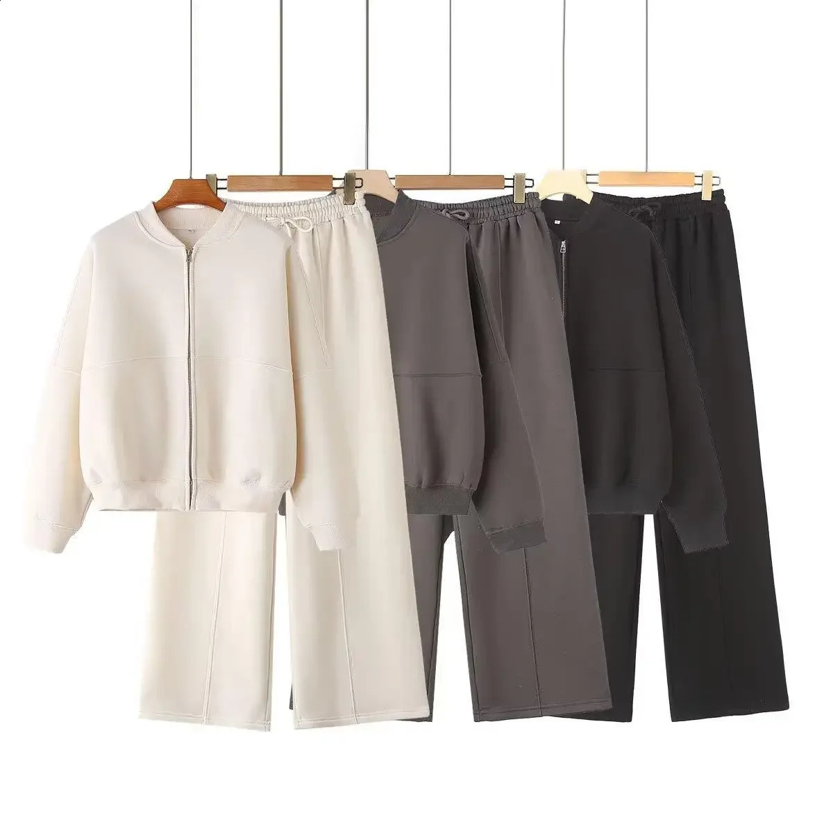 Zipper Pilot Jacket Sweatshirt Style Loose High Waist Fleece Pants Cotton Streetwear Series Womens Fashion Set 251022