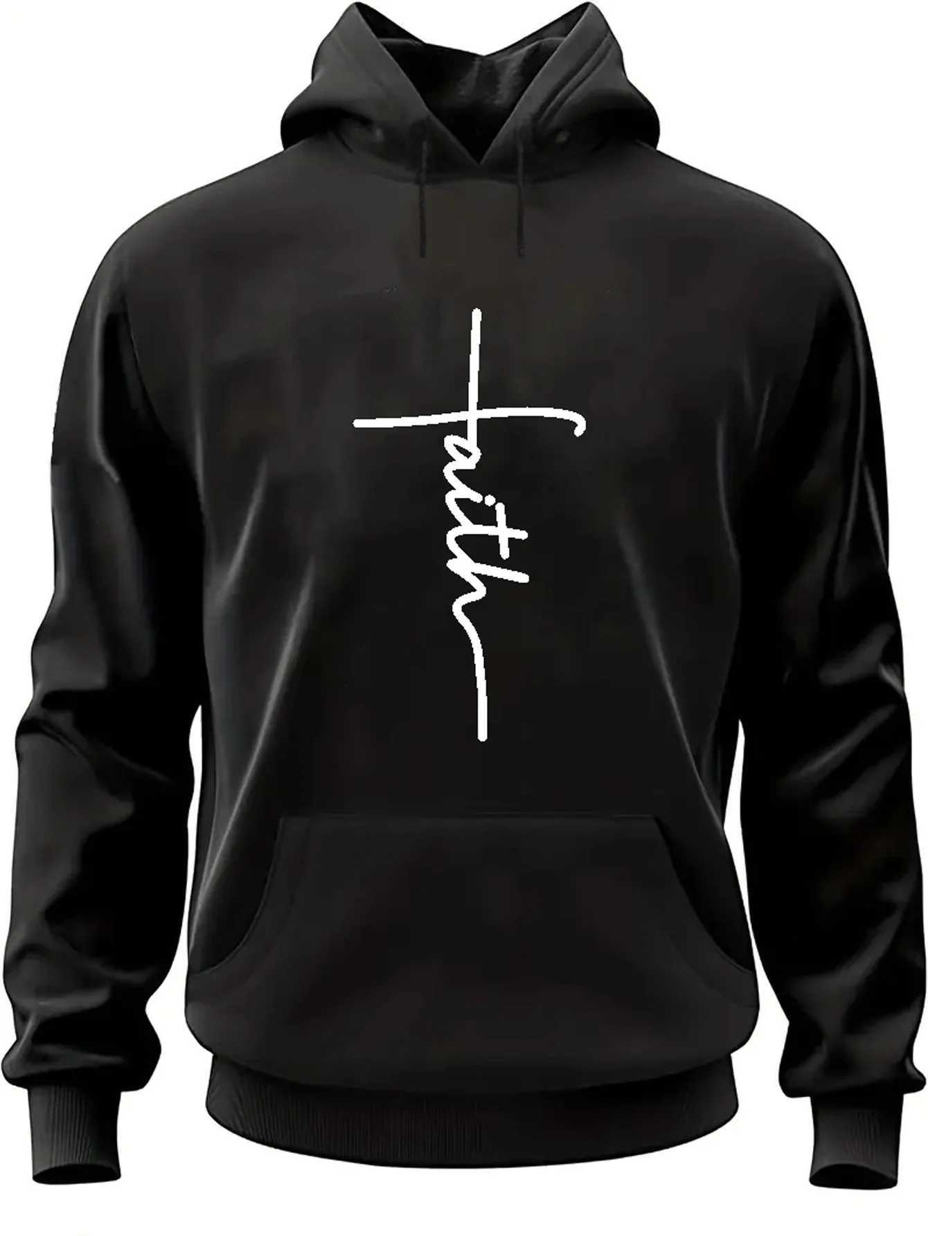 Mens autumn and winter casual fashion loose faith print long sleeved hooded sweatshirt warm sports pulloverT251023