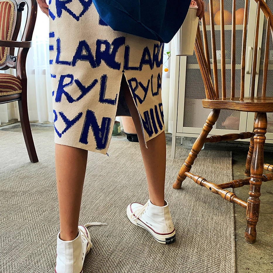 CHEERART Sweater Skirt Women Letter Print Knitted Korean Skirt Hgih Waist Long Winter Wrap Skirt Warm er Fashion 251020