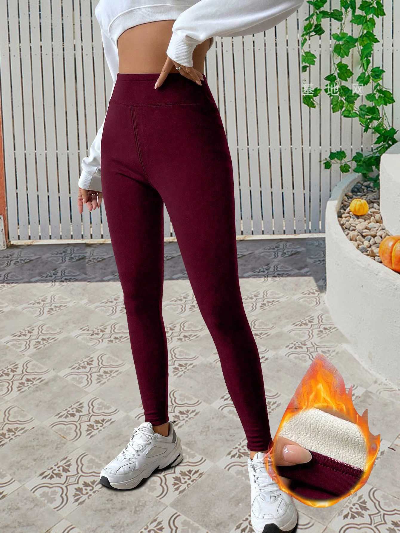 Wine red casual tight leggings padded leggings with velvet elastic waistband without pockets autumn and winter womens wearT251023