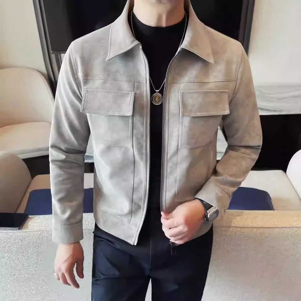 Frosted PU Leather Jacket For Men Fashion Front Pockets Decor Turn Down Collar Mens Casual Jackets and Coats Slim Fit All Match W251023