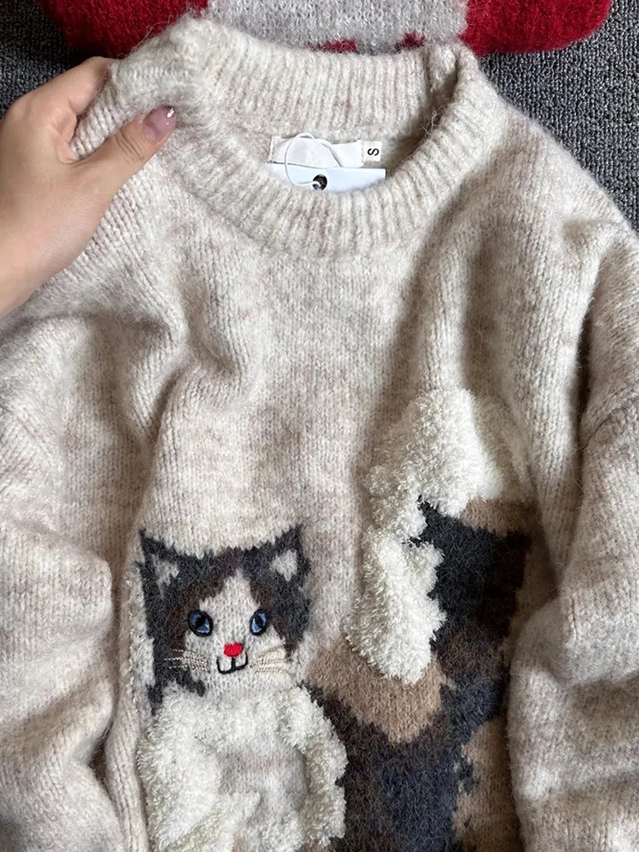 Cute Cat Knitted Sweater Women Y2K Korean Loose Soft Lazy Style Warm Pullover Fashion Autumn Warm All Match O Neck Jumpers 251023