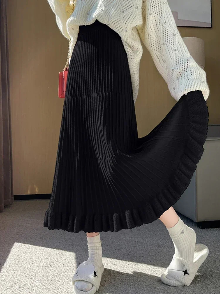 Womens Pink HighWaisted Knitted Skirt Solid Color ALine MidLength Pleated Fashion Autumn Winter 251022