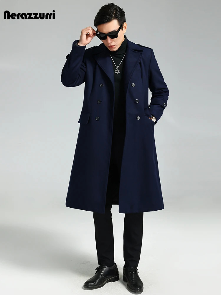 Nerazzurri Autumn Winter Long Elegant y Chic Navy Blue Warm Woolen Coat for Men Double Breasted Wool blends Overcoat 251023