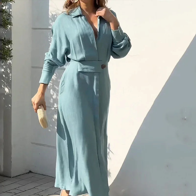 Spring Summer Women Dress Plus Size White Casual V Neck Lapel Long Sleeve Shirt Maxi Dresses Female Pocket Party Robe 251022