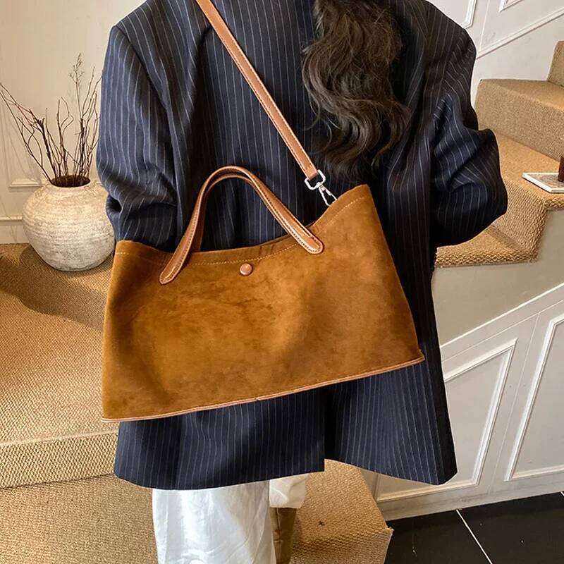 Women's Suede 2In1 Tote Retro Versatile Large-Capacity Snap Button Shoulder Crossbody Bag Foldable Commuter Underarm Handbag