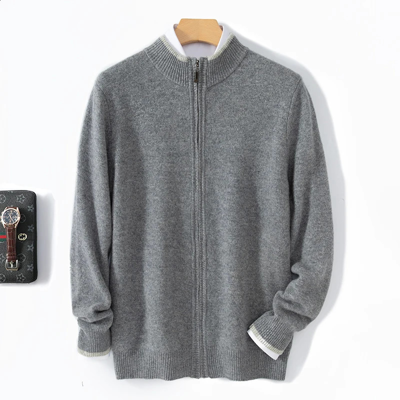 Mens 100 Merino Wool Warm Sweater Mock Collar Thickened Zippered Cardigan Autumn Winter Cashmere Knitted Montage Tops 251023