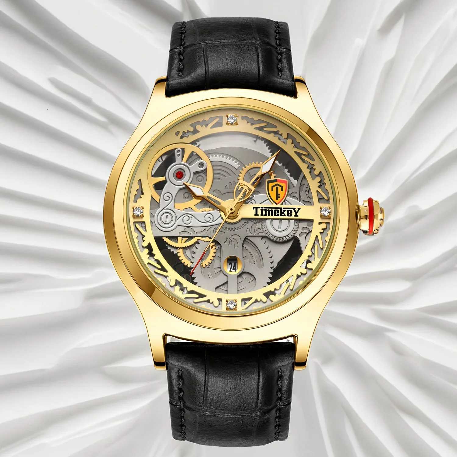 TimeKeyFashion Classic Mechanical Style Stainless Steel Buckle Skeleton Dial Screw Crown Luminous Mens Quartz WatchL251023