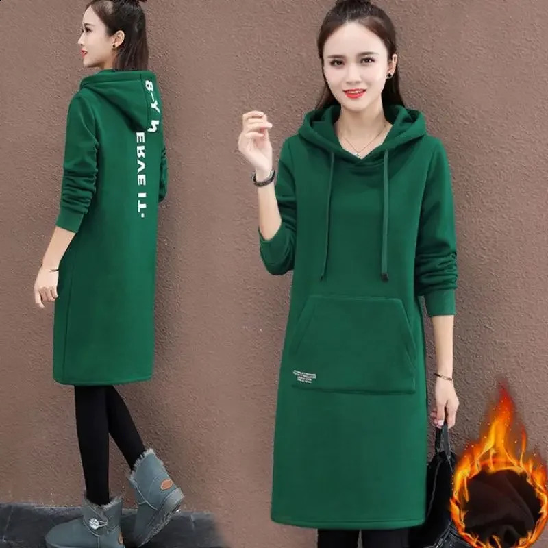 Womens Thickened Fleece Hoodie Loose Long Sleeve KneeLength Dress Polyester Fiber Winter Fashion Outerwear Casual Streetwear 251022