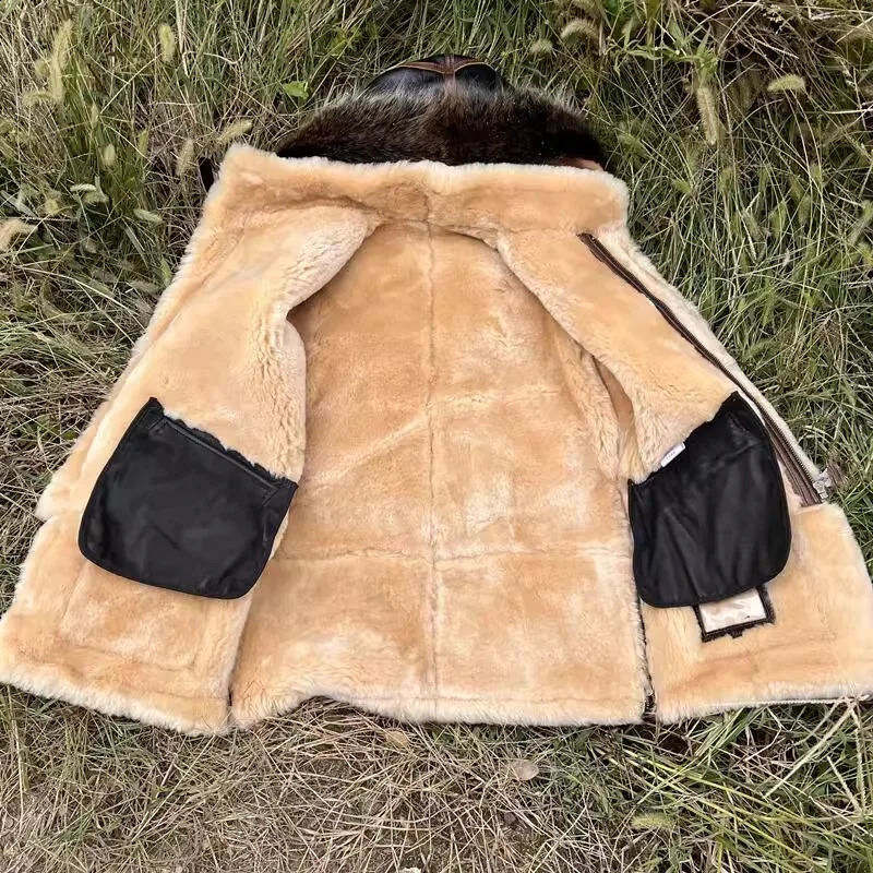 YRWholesalesClassic bomber real fur jacketLong Warm winter thick wool coaty genuine leather clothnatural shearling 251023
