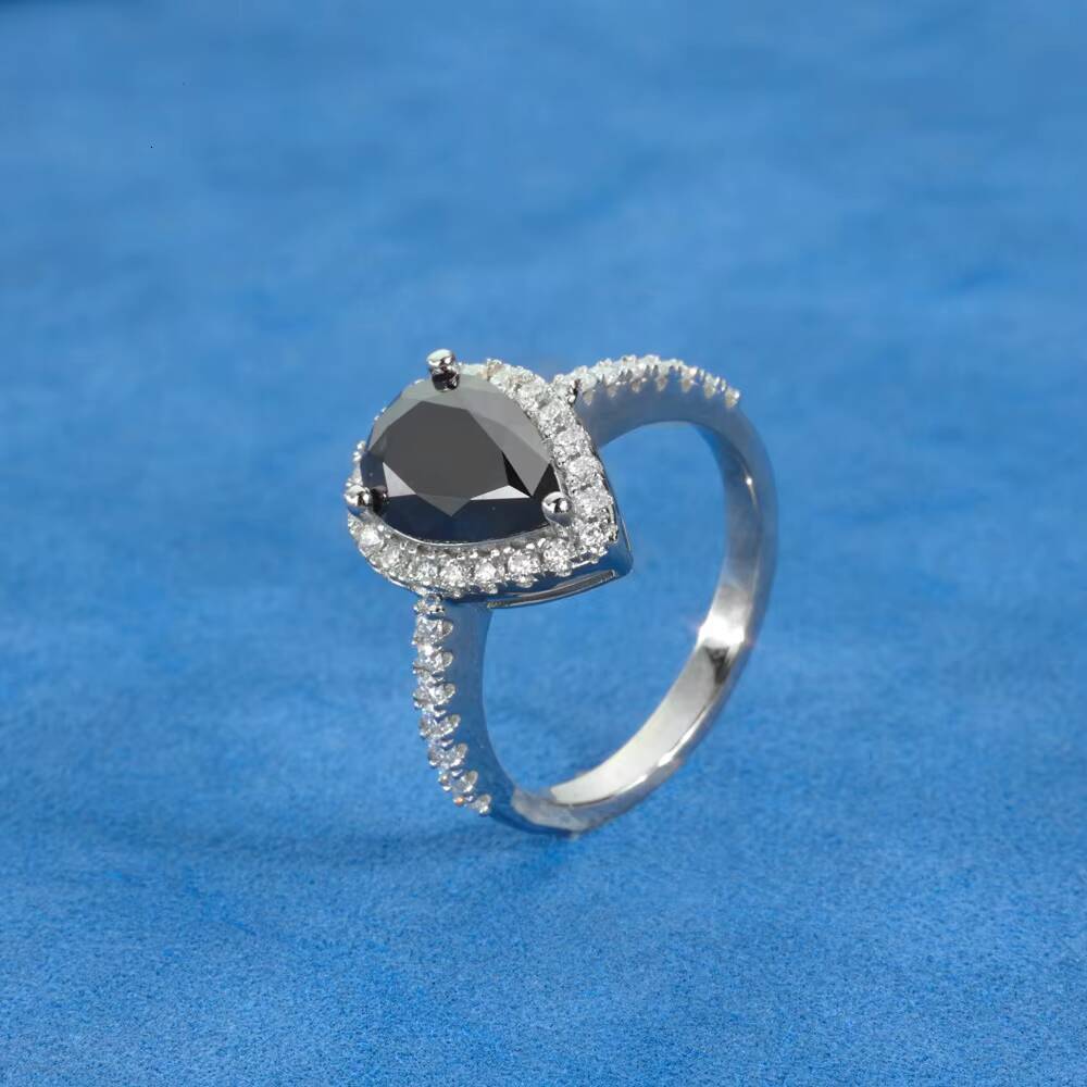 Fine Jewelry Vintage 2CT Pear Shape Black Moissanite Ring 925 Sterling Silver Women Diamond Fine Jewelry Customizable Gift