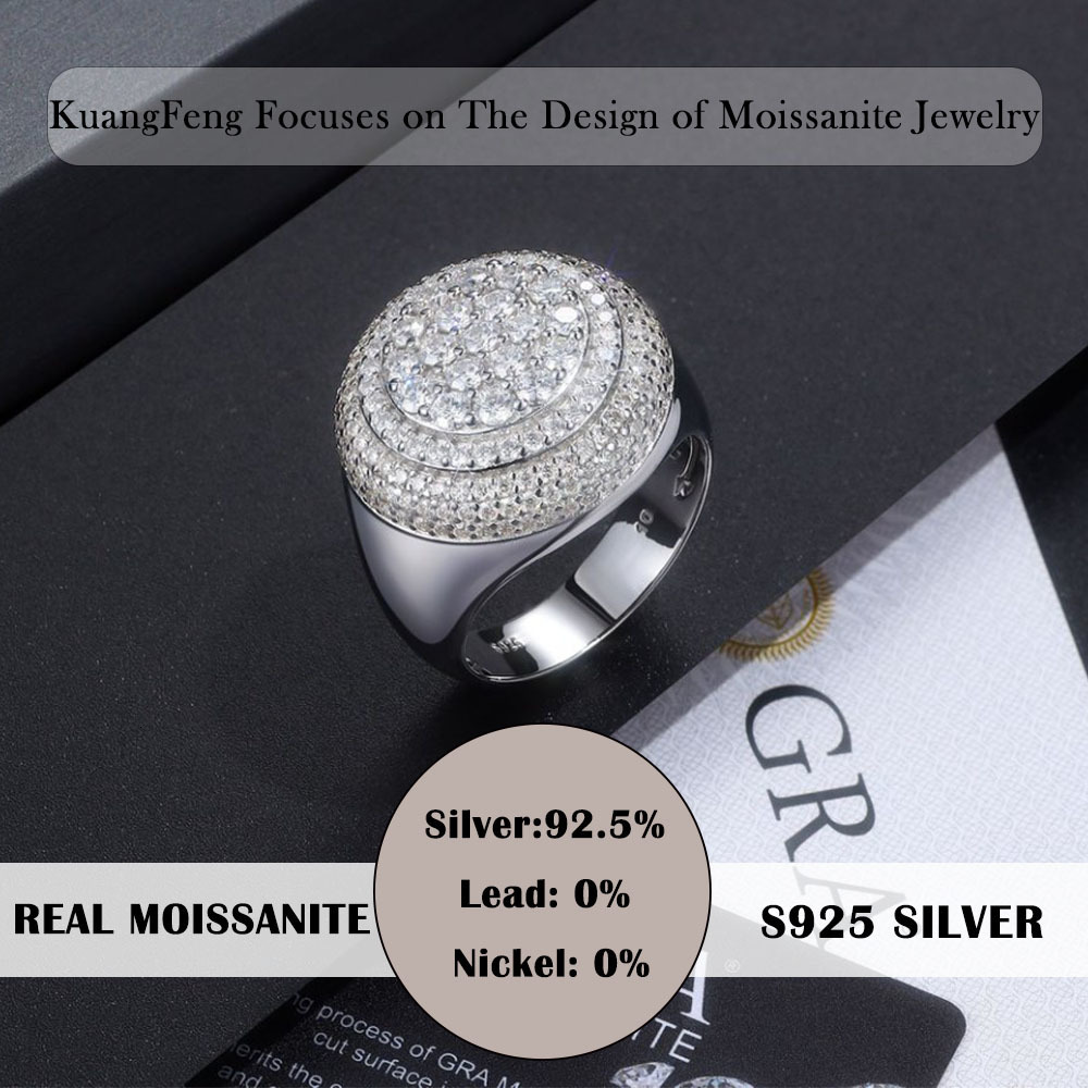 Mens Womens 925 Silver Platinum Plated Full Iced out Moissanite round Ring Hip Hop Style Statement Jewelry Accessory