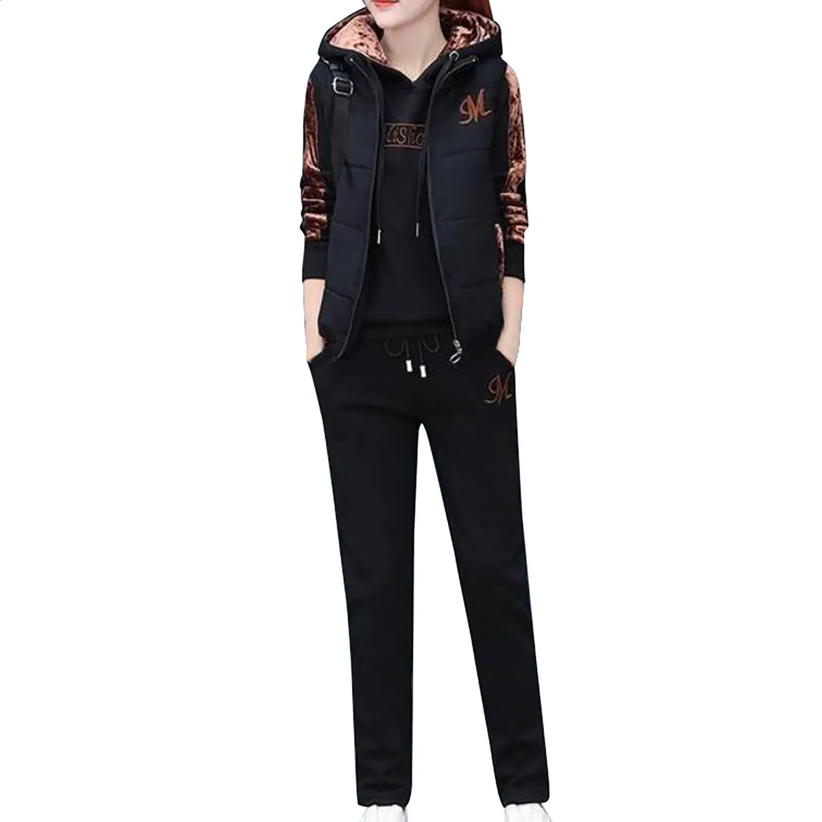 3PcsSet Simple Women Tracksuit Thickened Elastic Waist Letter Print Hoodie Jogging Pants Zipper Vest Suit Coldproof 251022