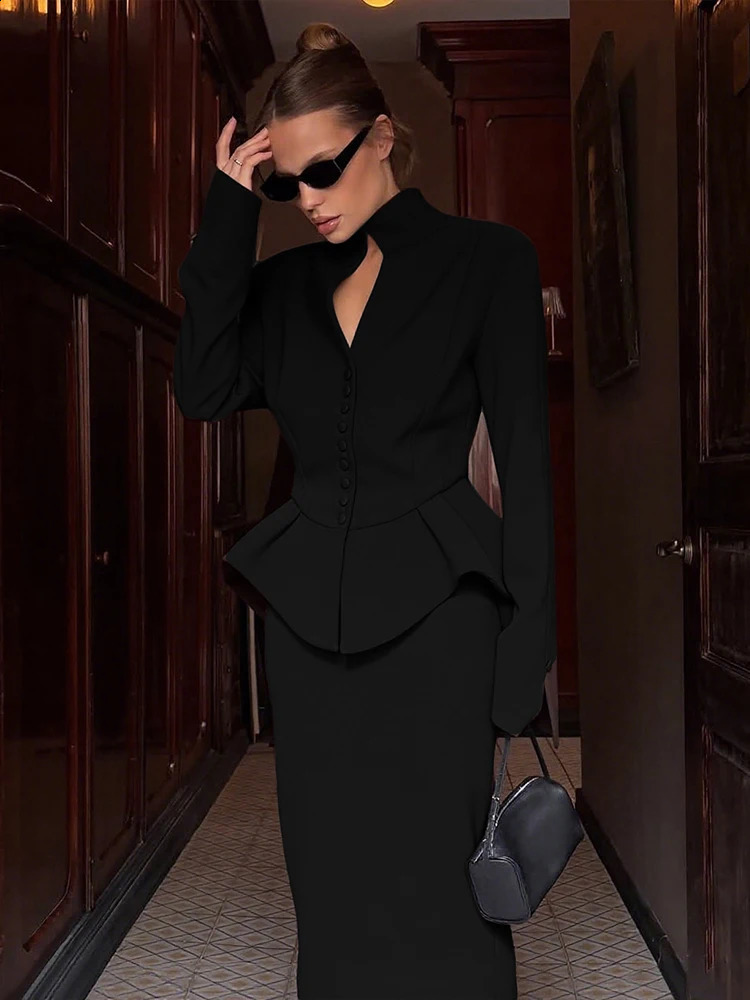 Cute Classic Women 2Piece Set Solid Simple Full Sleeve High Collar Irregular TopsMatching Midi Skirts Female Office Suit 251022