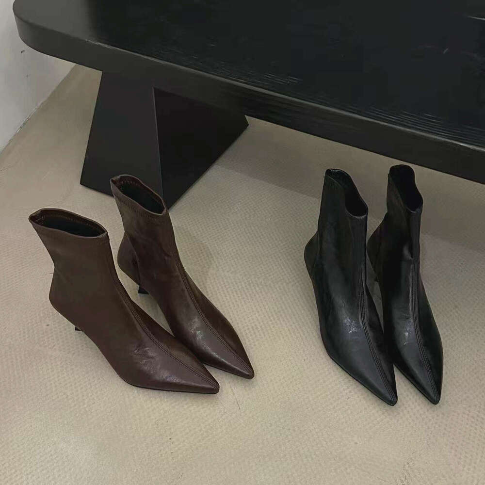 Slimming Pointed Toe Stretch Designer Shoe Slim Slip-On Soft Leather Style Thin Heel Short Boots