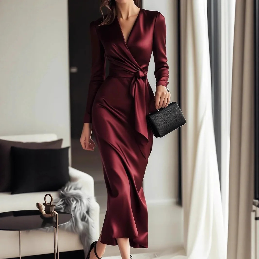 Elegant Satin Long Sleeve VNeck Gown with Waist Belt AnkleLength Dress Polished Autumn Style CrossBorder 251022