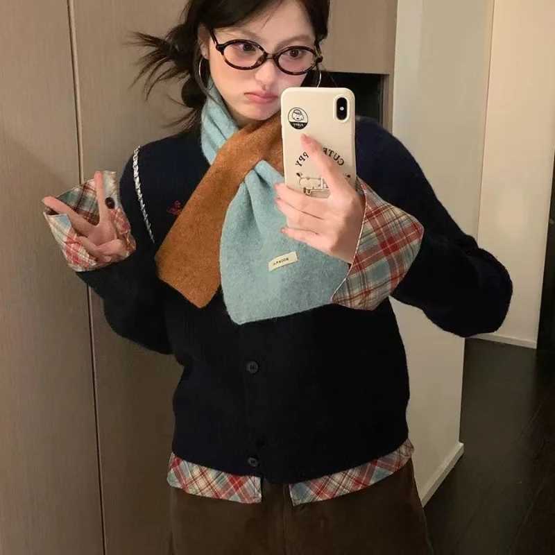 Korean Highend Color Blocked Cross Shawl Women Autumn And Winter New Warm Scarf Cross Knitted Winter Protect Neck Women Scarf J251113