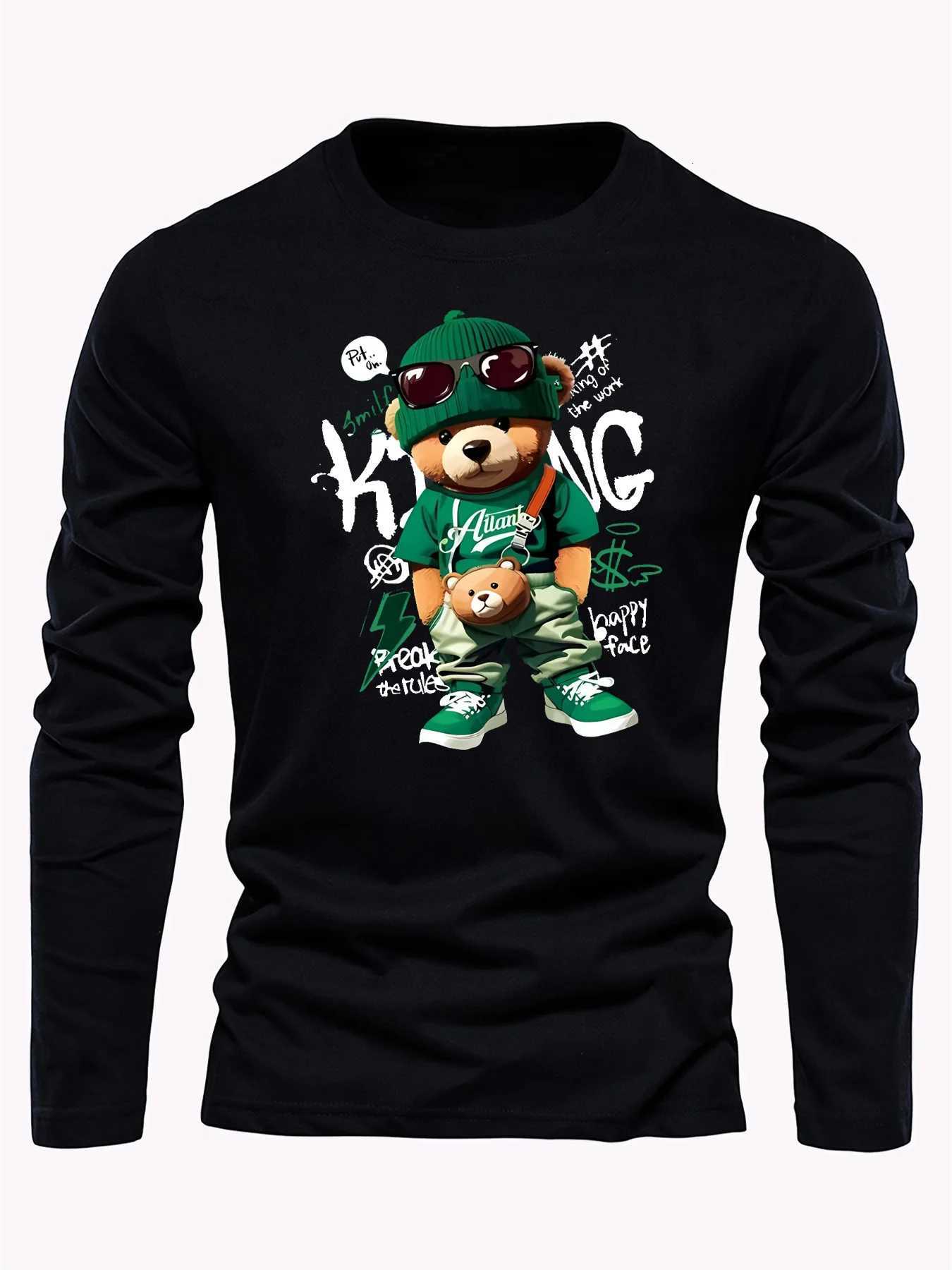 Mens 100 pure cotton loose and comfortable sports casual fashion cartoon bear print round neck long sleeved Tshirt topXJ251023