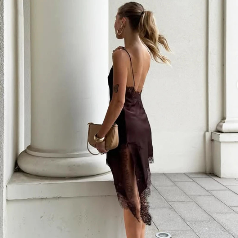 HXAO Female Lace Dress Sleeveless Slip Short Dresses Women Summer Asymmetric Elegant Night Dresses Backless Sexy Evening Dress 251023