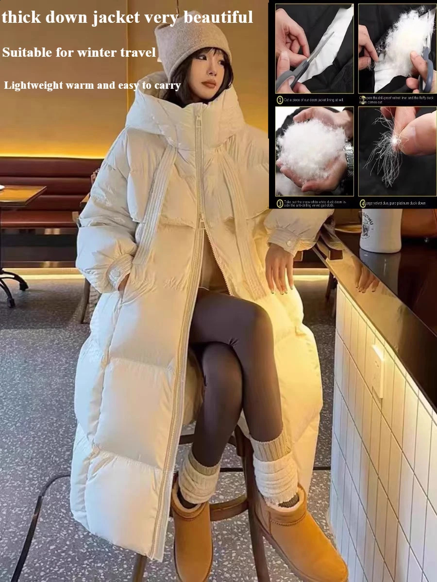 Fashions Long Womens Winter Down Jacket Loose Hooded Coats Thicken Warm White Duck Highend Parkas Light Outwear 251022
