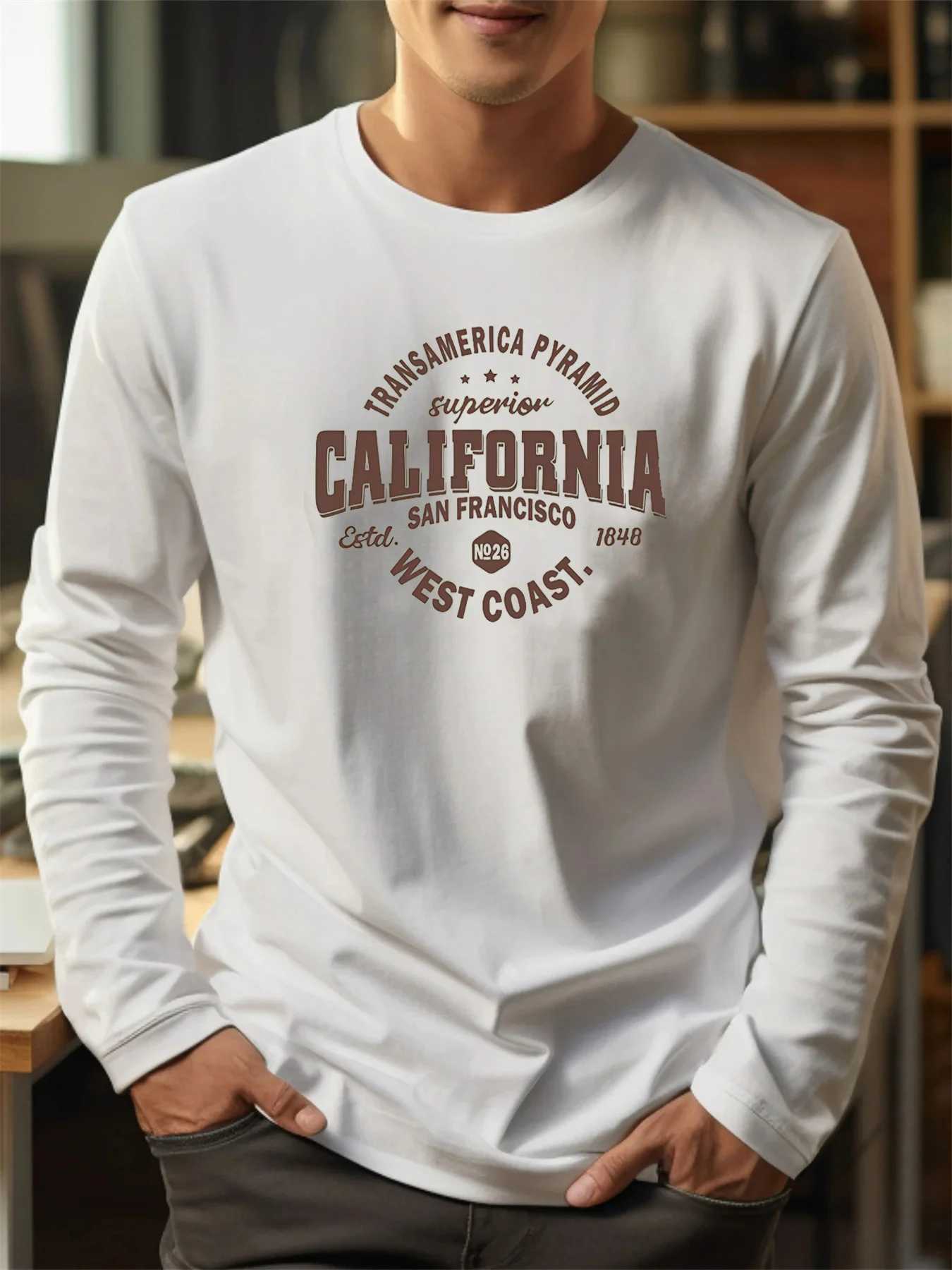 Mens 100 pure cotton loose fit comfortable sports and leisure California West printed round neck long sLeeved TshirtXJ251023