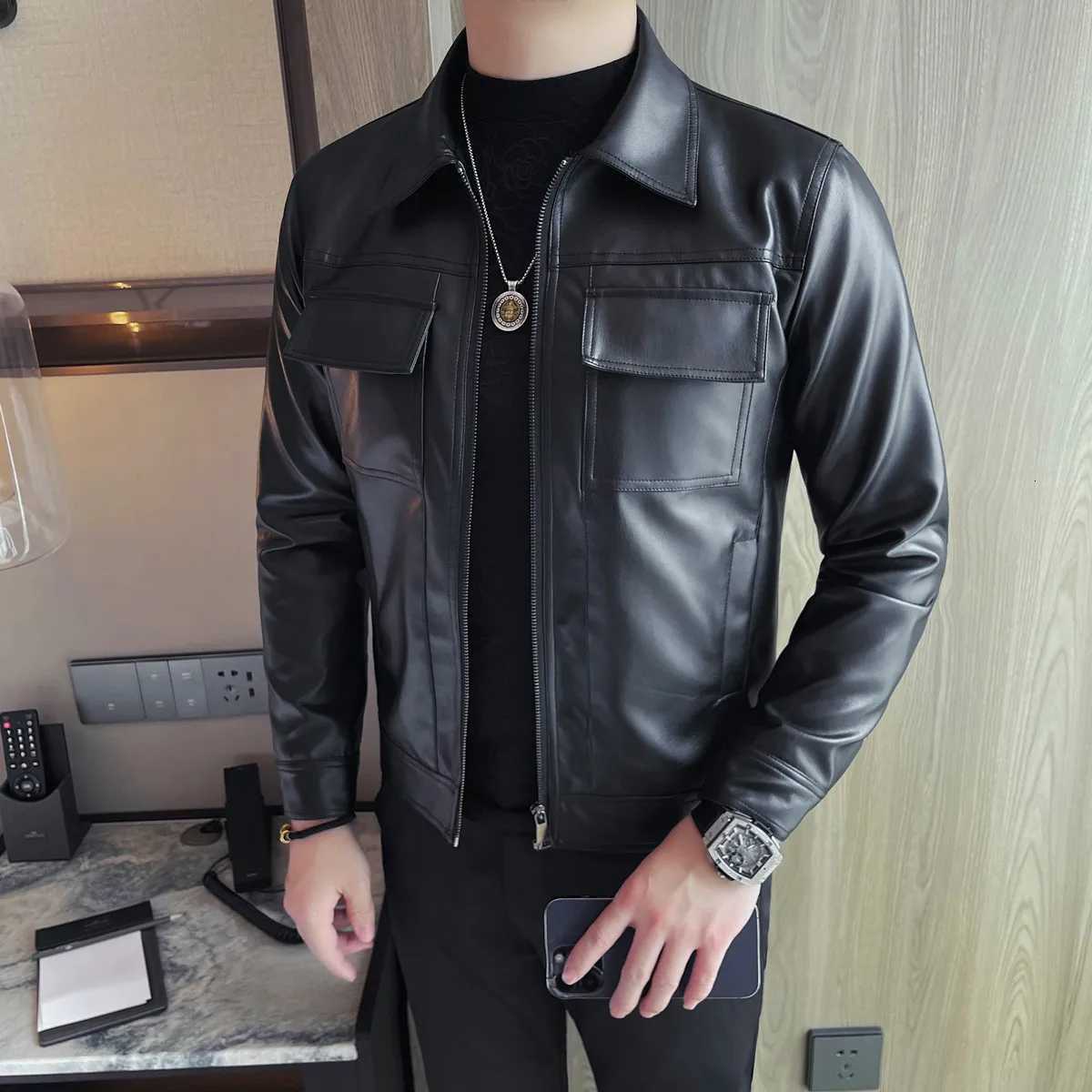 Black PU Leather Jackets Men Clothing 2025 Fashion Turn Down Collar Slim Fit Mens Casual Motorcycle Jacket Long Sleeve Coat Man W251023
