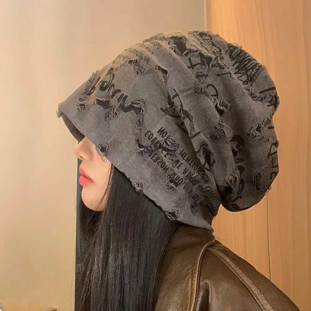 Fashion Hip Hop Letter Print Beanie Hats For Women Men Vintage Thin Bonnet Distressed Cracked Wasteland Style Casual HatsXJ251023