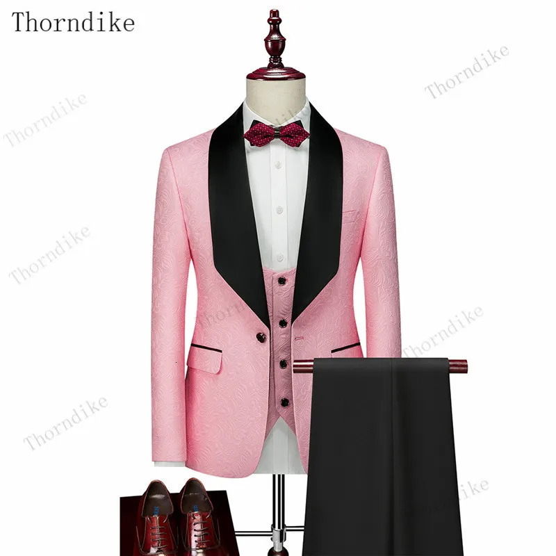Thorndike Mens Wedding Suits White Jacquard With Black Satin Collar Tuxedo3 Pcs Groom Terno Suits For MenJacketVestPants 251020