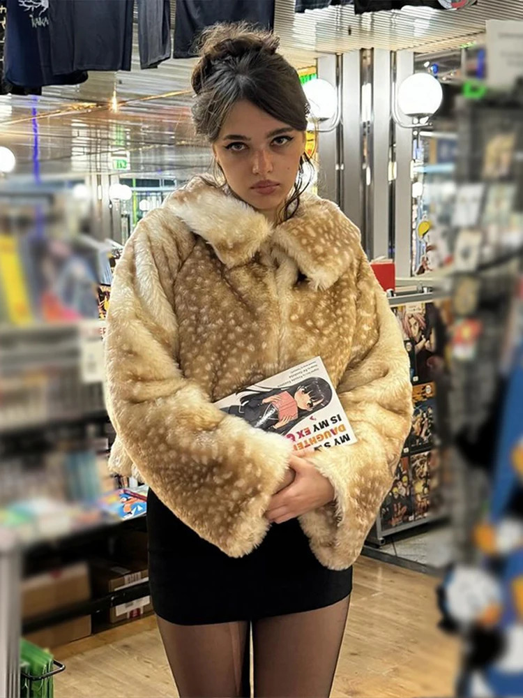 Fashion Faux Fur Plush Short Coat Womens Stylish Turndown Collar Full Sleeves Cropped Overcoat Autumn Winter Lady Top 251022