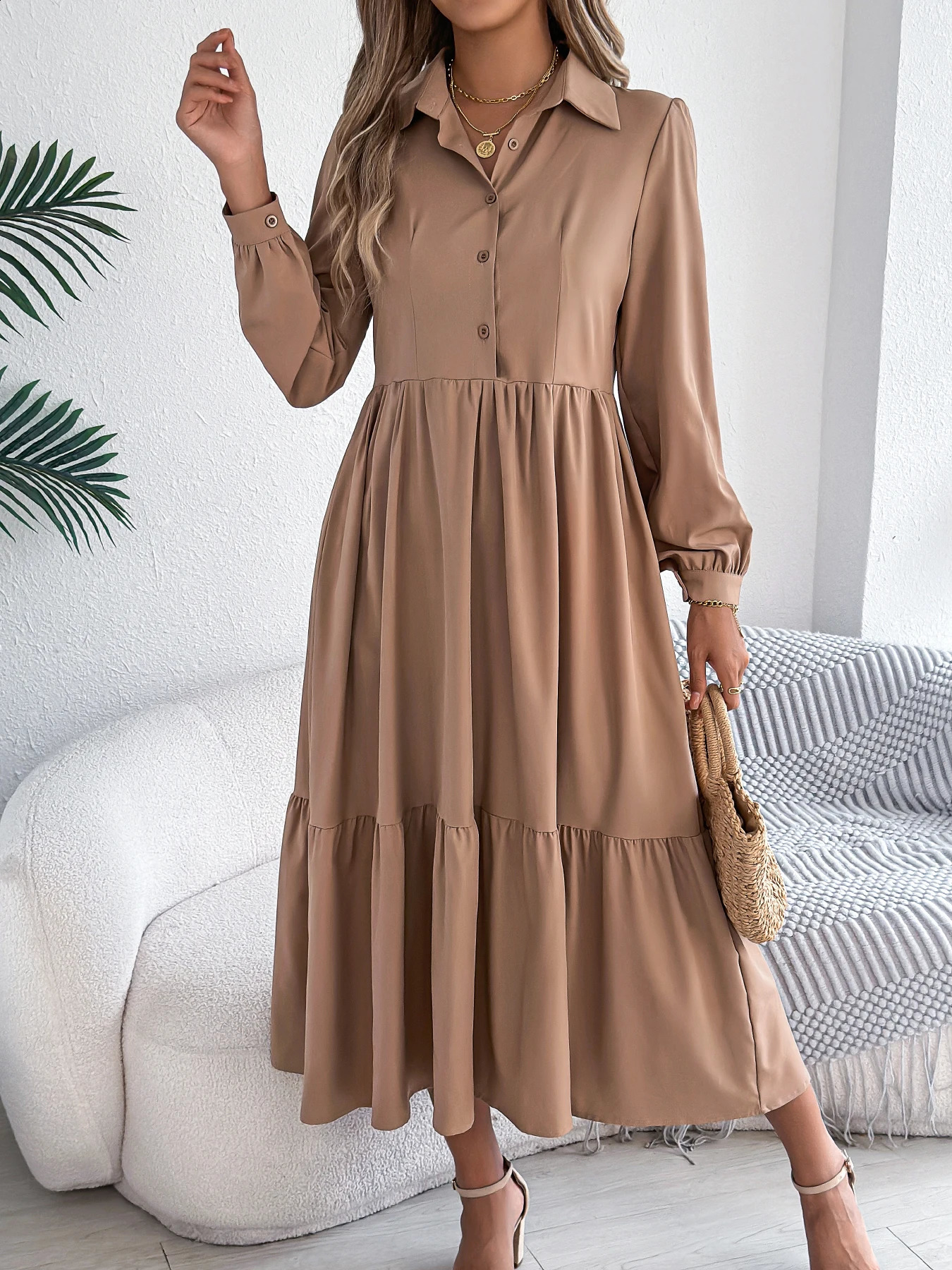 Casual Vacation Long Sleeved Turndown Collar SingleBreasted Dress Spring Autumn Fashion Womens Clothing 251022