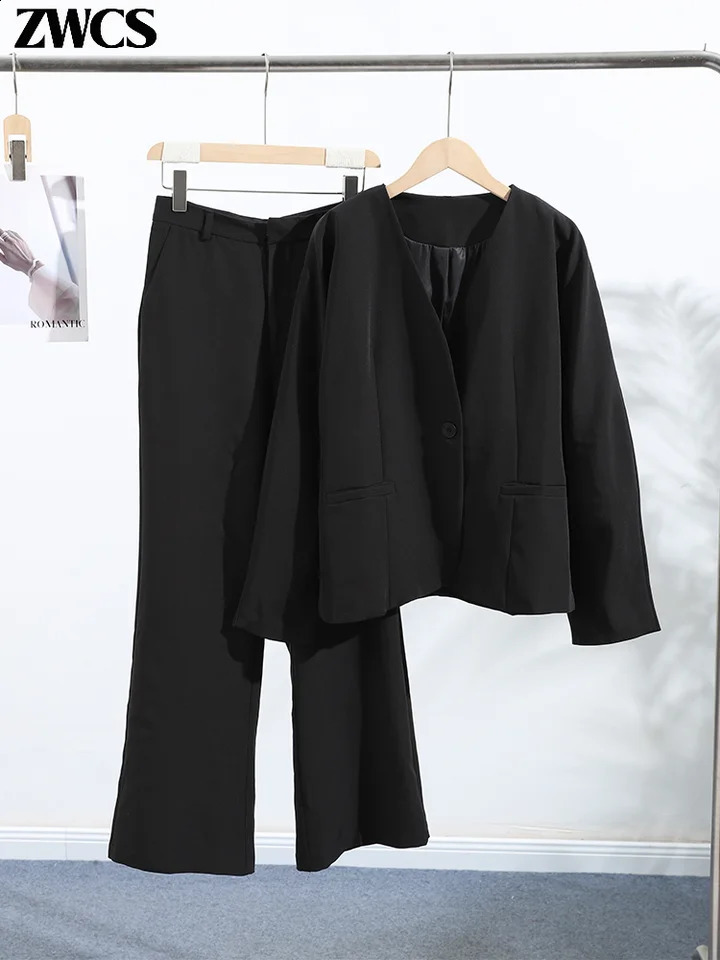 Elegant Vneck Blazers Coat Pants Set Women Solid Single Button Suit Coats Straight Long Trousers Autumn Office Lady Outfit 251022