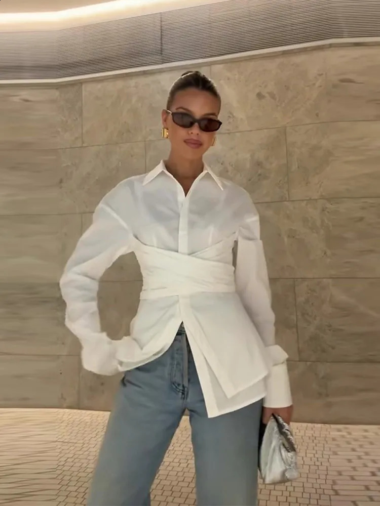 Elegant Office Womens Shirts Solid Laple Waist Cinching Full Sleeve Female Shirt 2025 Spring Fashion Lady Wears 251022
