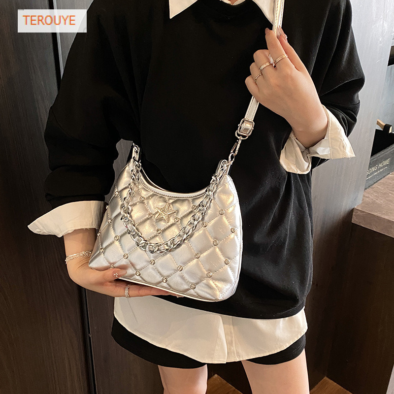 French niche style quilted chain diamond inlaid handbag autumn and winter new trend fashionable women's shoulder bag elegant luxury designer bag