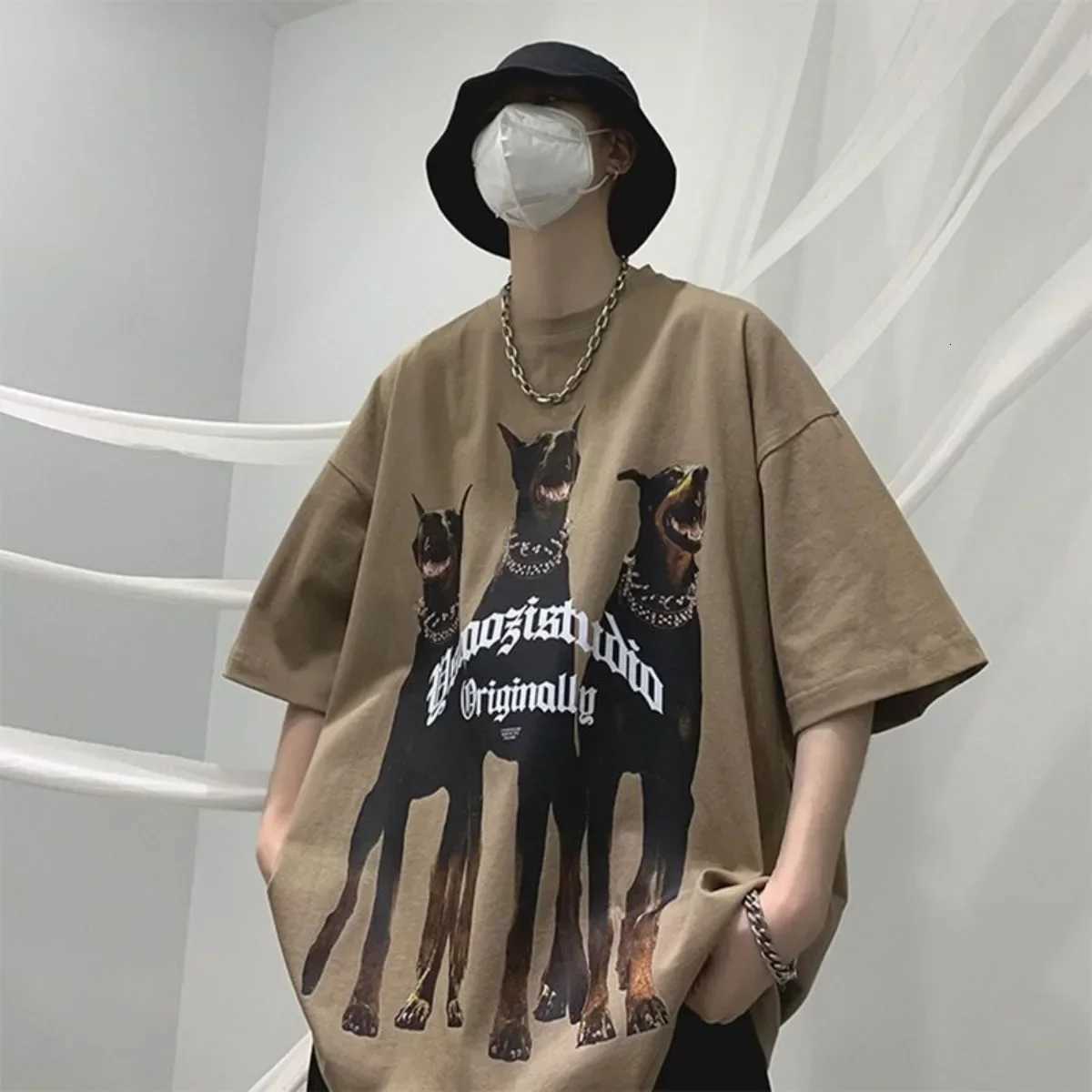 American Hiphop Creative Dog Print Short Sleeved Men and Women Ins Summer Cotton Loose Fitting Couple Half Sleeved Top ClothesXJ251023