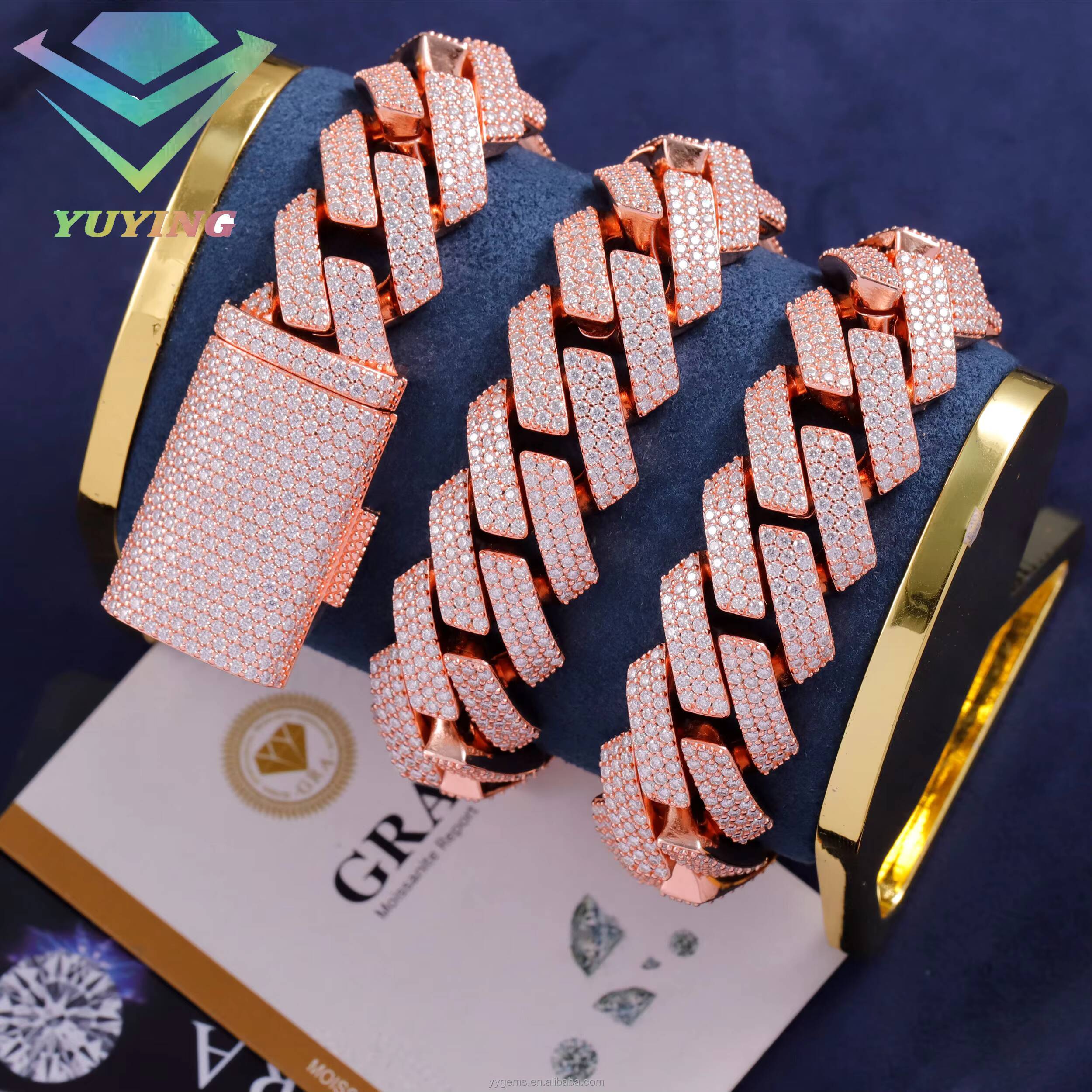 20mm Rose Gold 3rows Cuban Chain S925 Silver Gold Plated Cuban Chain Iced Out Moissanite Hip Hop Link Chains
