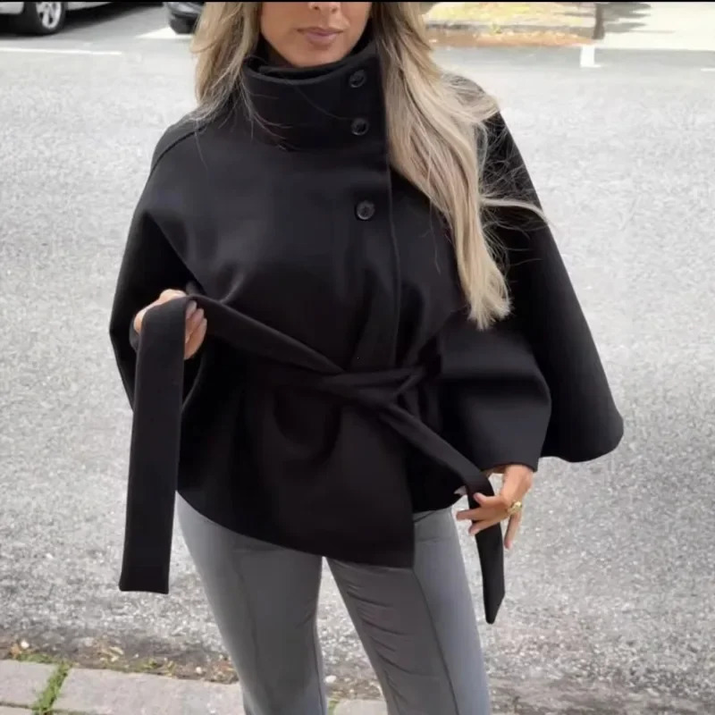 Womens Short Cape Coats For Women Belt Blends Autumn Winter Solid Elegant Cloak Jacket Ladies 2025 251018