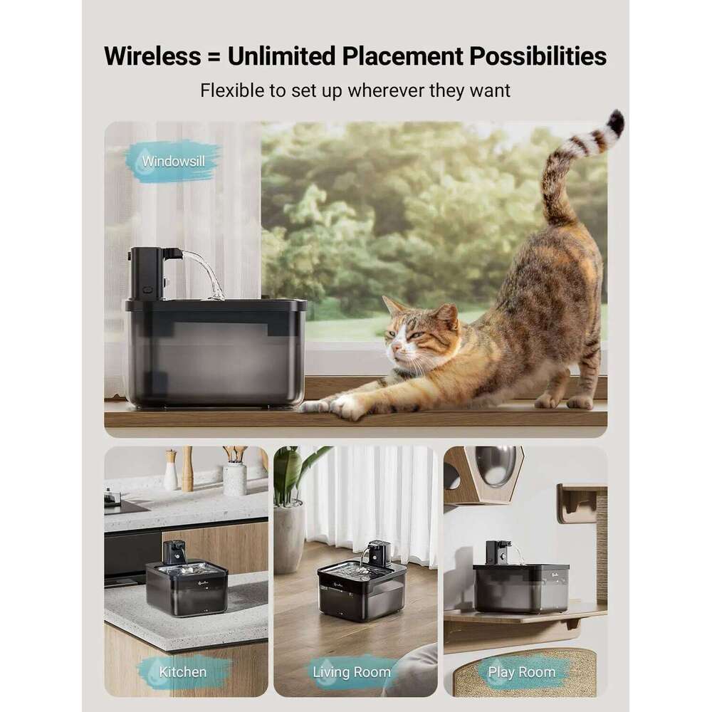 designer brand DownyPaws L Automatic Stainless Steel Cat Water Fountain mAh Wireless Pet Drinker Battery Sensor in Dispenser