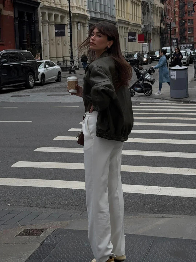 Green Zipper Leather Jacket Women Casual Stand Coller Long Sleeve Loose Coat Chic 2025 Lady Autumn Outerwear Daily Street Coats 251018