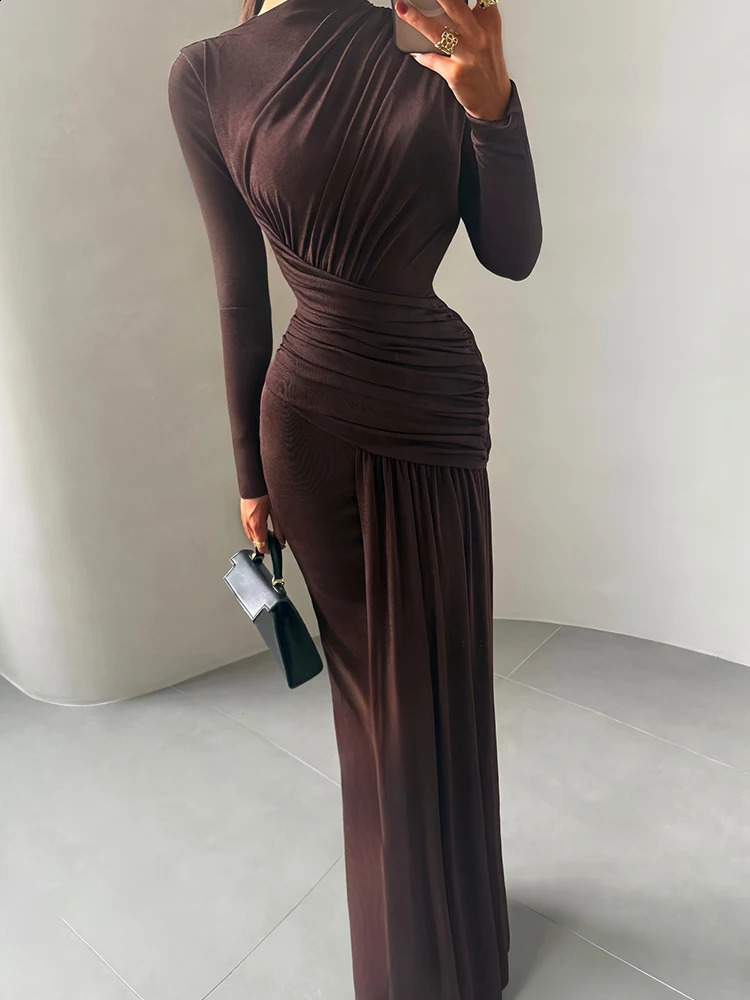 Sisterlinda Puss Elegant Thin Irregular Pleats Dress Women Patchwork Full Sleeve Classic Simple Skinny Evening Prom Bodycon 251022