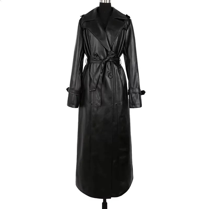 Mauroicardi Spring Autumn Waterproof Black Soft Pu Leather Trench Coat for Women Belt Double Breasted Floor Length Overcoat 251017