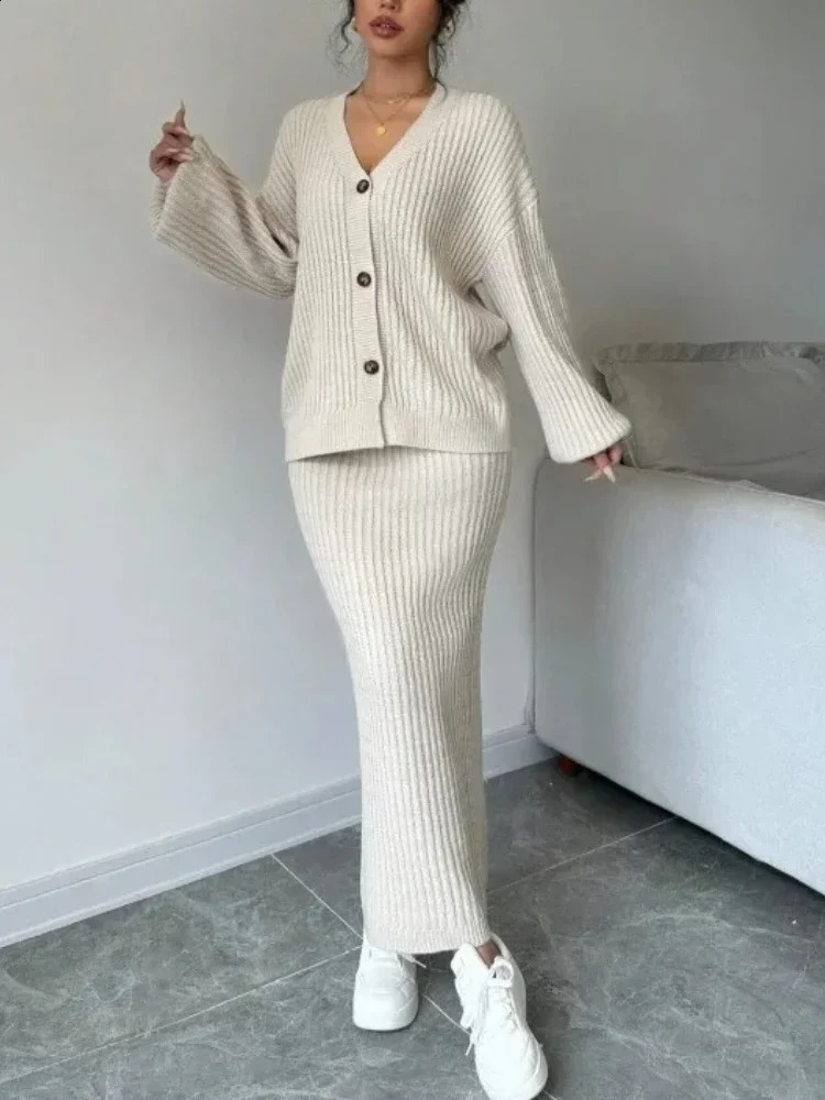Autumn Winter Womens Loose Cardigan Two Piece Set Long Sleeved Vneck Sweater Jacket Hip Hugging Skirt Elegant Knitted 251016
