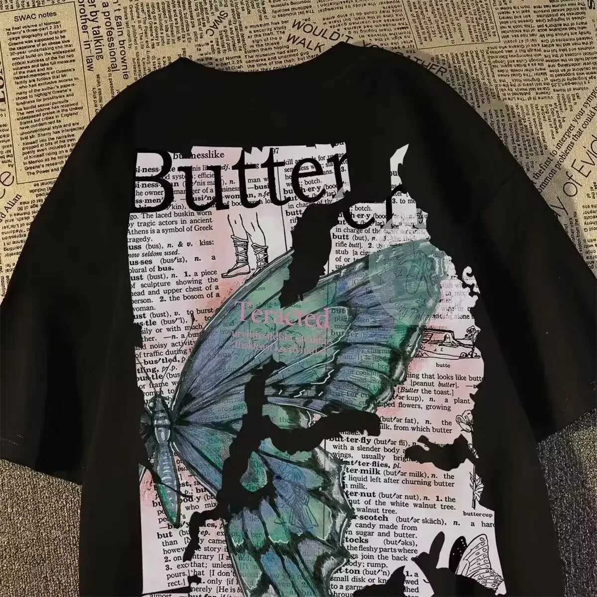American retro street butterfly print graphic Tshirt summer men and women loose fitting couple casual hiphop short sleeves y2kXJ251023