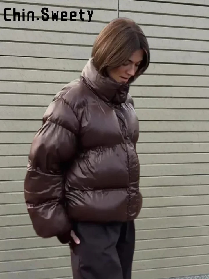 Fashion Solid Quilted Cotton Jacket Women Loose Stand Collar Zipper Street Warm Coat Autumn Winter Lady Chic Outwear 251021