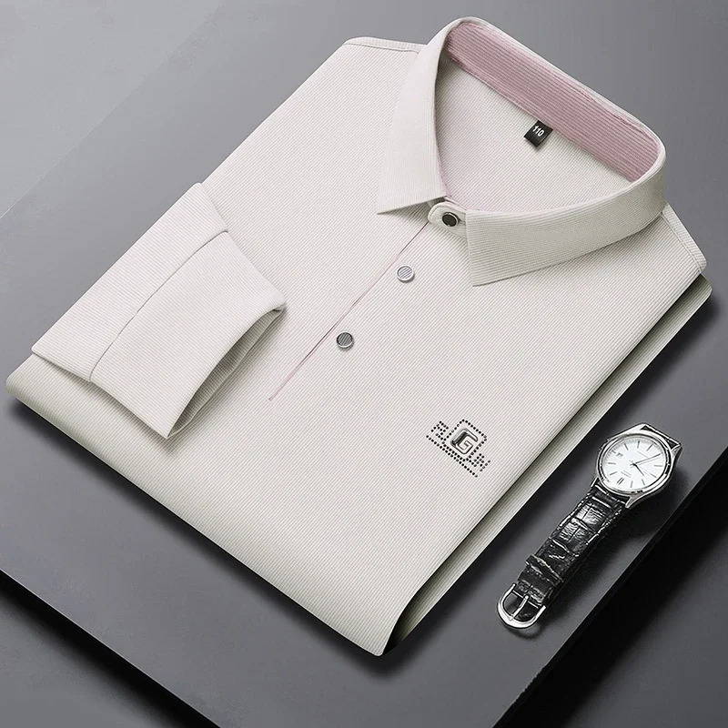 Mens Business Casual Long Sleeved Shirt with Badge Solid Color Polo Shirt Fashionable Breathable Comfortable Versatile Top 251020