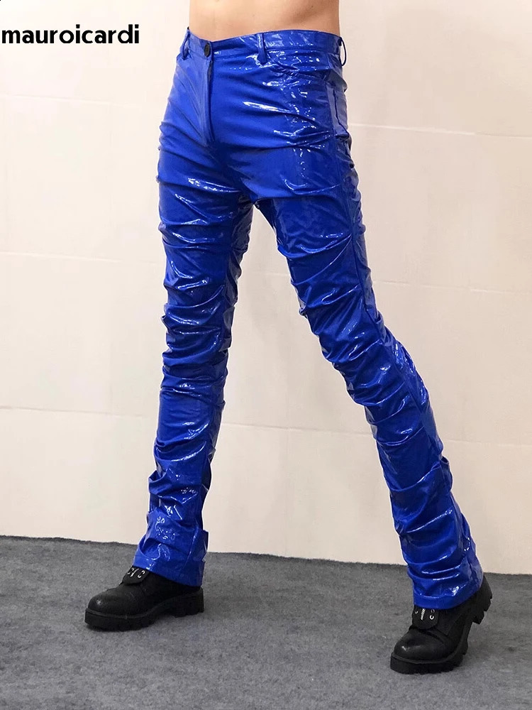 Mauroicardi Spring Autumn Yellow Blue Shiny Reflective Stretchy Soft PVC Faux Leather Stacked Pants for Men Y2K Streetwear 251023
