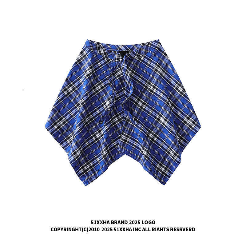 High Street Blue Plaid Fake Shirt Skirt With Belt Decoration For Men And Women, Slimming Layering Essential