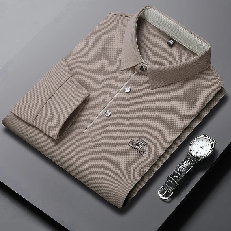 Mens Business Casual Long Sleeved Shirt with Badge Solid Color Polo Shirt Fashionable Breathable Comfortable Versatile Top 251020