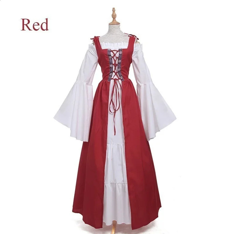 Retro Tie Waist Square Collar Middle Ages Renaissance Dress Full Sleeve round Neck Long Ankle Length Polyester Fiber 251022